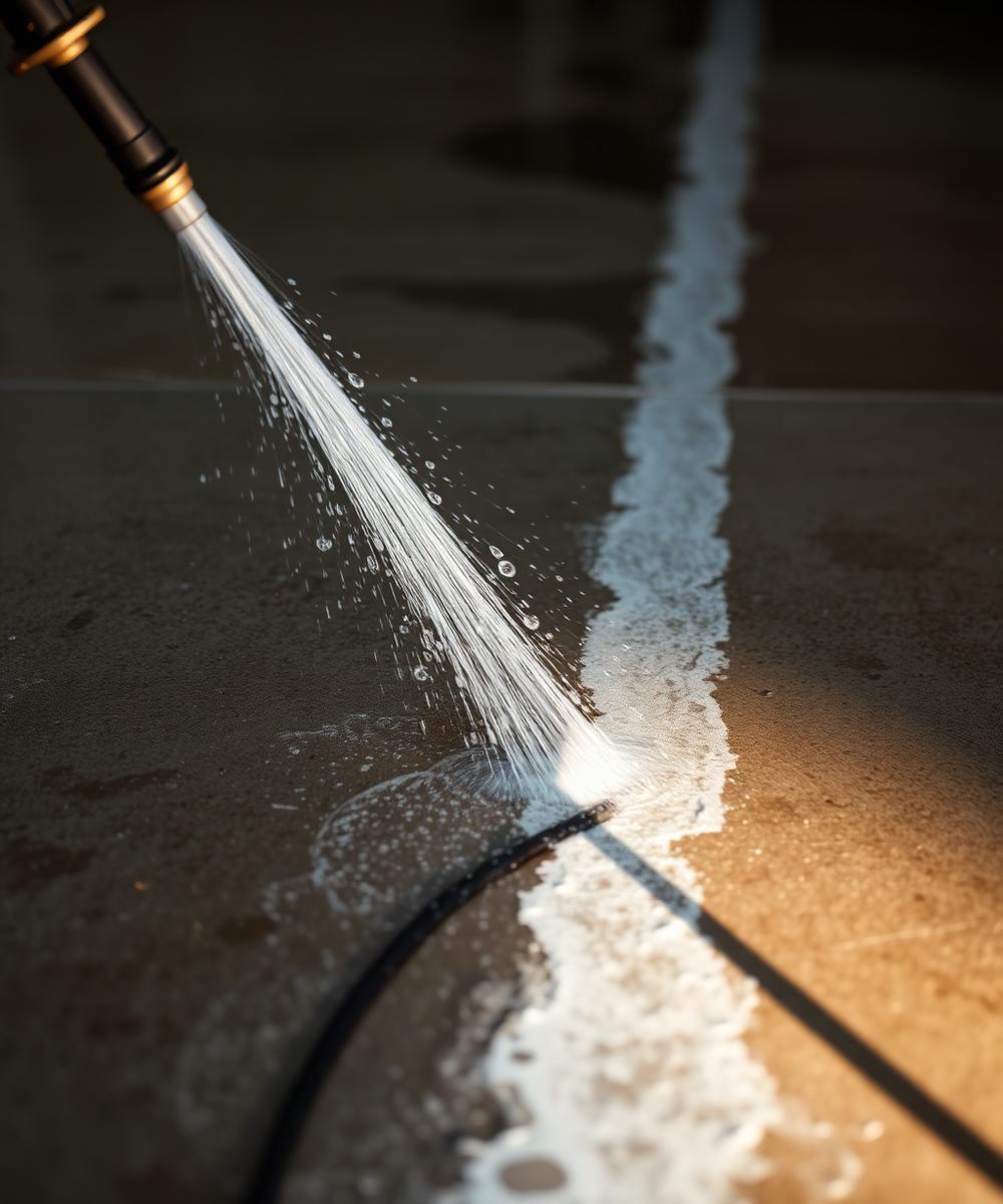 Power washer wand cutting a clean stripe across a dirty patio